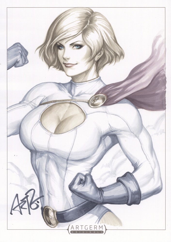 1girl belt blonde_hair blue_belt blue_eyes blue_gloves breasts cape cleavage cleavage_cutout dc_comics female flexing gloves kryptonian large_breasts leotard lips long_sleeves looking_at_viewer marker_(medium) muscle muted_color pose power_girl realistic red_cape short_hair signature solo stanley_lau traditional_media upper_body