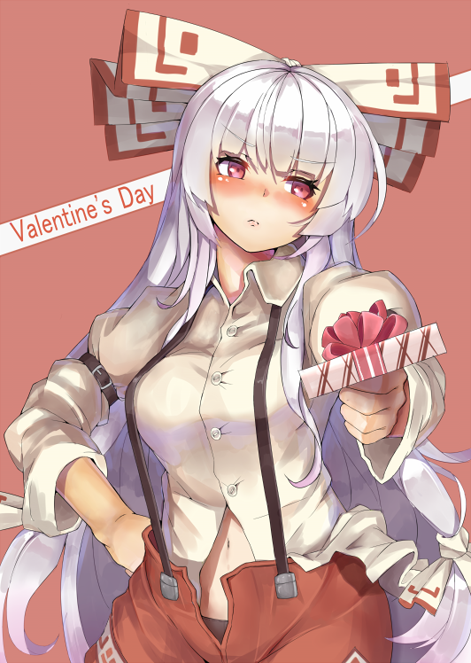 1girl blush bow box breasts english female frown fujiwara_no_mokou gift gift_box ginko_(nico) giving hair_bow hand_on_hip incoming_gift long_hair looking_away navel panties red_eyes silver_hair simple_background solo suspenders text touhou underwear valentine