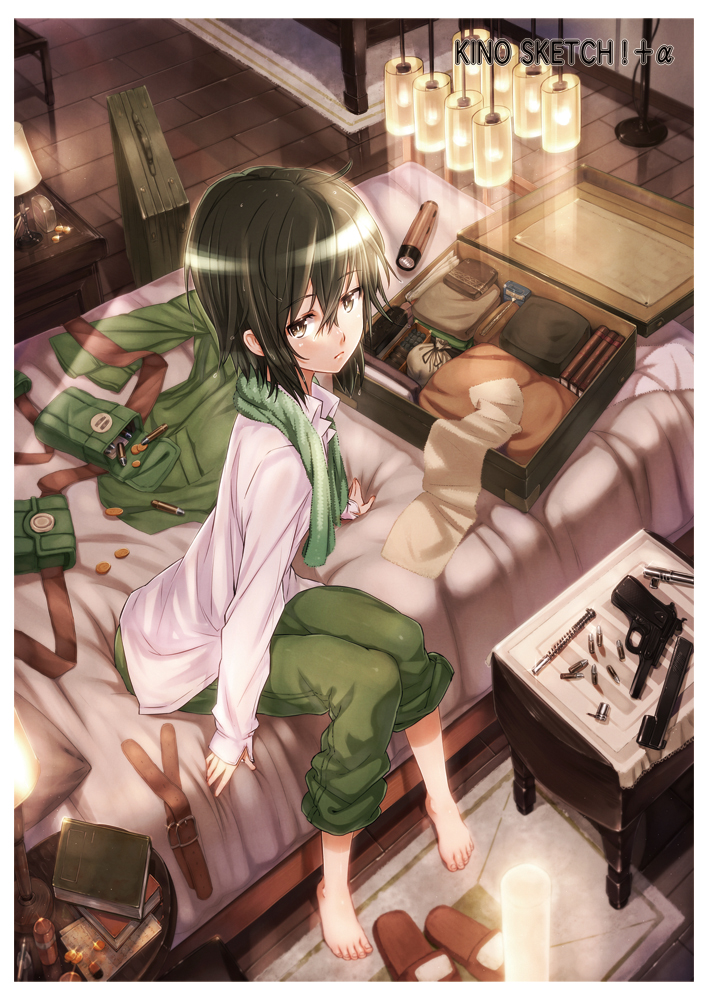 00s 1girl backpack bag barefoot bed belt black_hair book briefcase brown_eyes bullet coat coin flashlight gabiran gun kino kino_no_tabi messy_room pouch reverse_trap short_hair slippers solo towel weapon