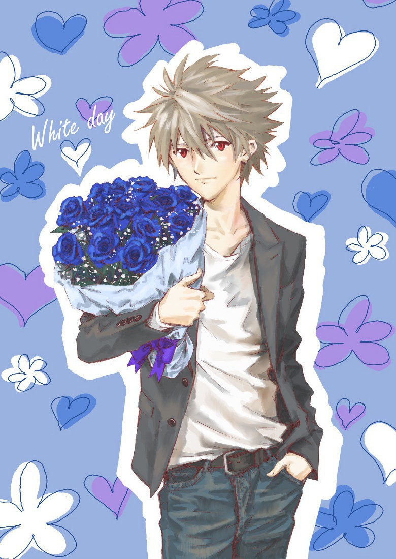 1boy bouquet casual flower mc nagisa_kaworu neon_genesis_evangelion red_eyes short_hair smile white_day white_hair