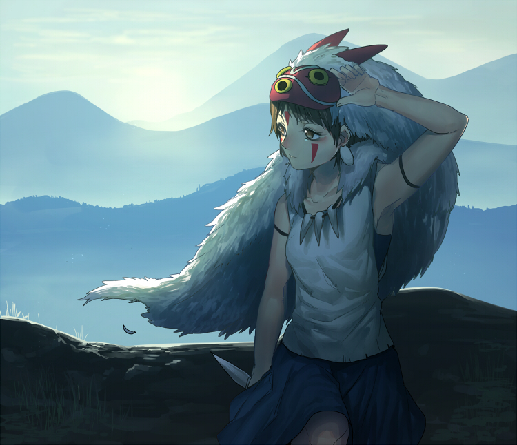 1girl 90s brown_eyes brown_hair dagger earrings erubo facepaint facial_mark female fur jewelry landscape mask mask_removed mononoke_hime mountain necklace outdoors san serious short_hair sitting skirt sky sleeveless solo studio_ghibli sunrise valley weapon