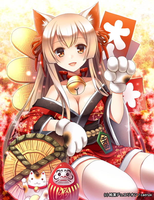 1girl animal_ears bare_shoulders breasts cat_ears cat_paw cleavage japanese_clothes kimono mauve off_shoulder original solo thigh-highs white_hair