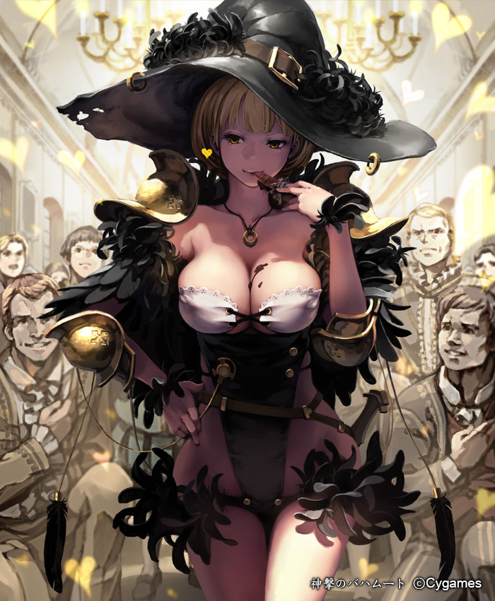 1girl 6+boys :p armor bad_id belt blonde_hair breasts chocolate chocolate_on_breasts cleavage collarbone feathers hand_on_hip hat heart large_breasts lena_(zoal) licking messy multiple_boys shingeki_no_bahamut short_hair smile tongue tongue_out witch_hat yellow_eyes