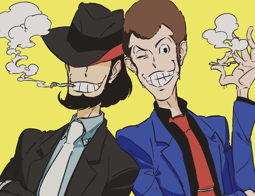 000cocktail000 2boys arsene_lupin_iii black_hair black_headwear black_jacket blue_jacket blue_shirt brown_hair cigarette facial_hair goatee hand_up hat holding holding_cigarette jacket jigen_daisuke lupin_iii multiple_boys necktie one_eye_closed red_neckwear shirt smile smoke smoking upper_body white_neckwear yellow_background