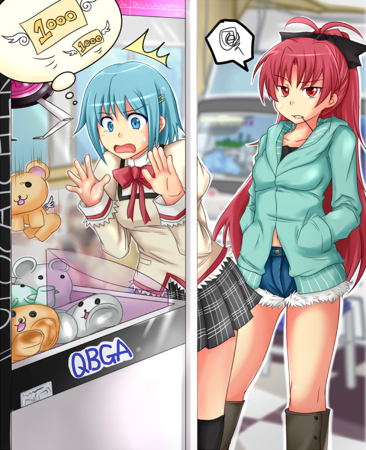 2girls blue_eyes blue_hair crane_game denim denim_shorts failure kitayama_miuki long_hair long_ponytail mahou_shoujo_madoka_magica miki_sayaka multiple_girls pocky ponytail red_eyes redhead sakura_kyouko school_uniform short_hair short_shorts shorts spoken_squiggle squiggle