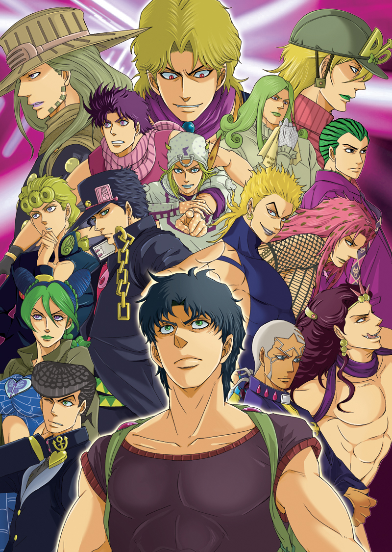 1girl 6+boys anchor_(symbol) backpack bag battle_tendency black_hair blue_hair chains dark_skin dark_skinned_male diamond_is_not_crash diavolo diego_brando dio_brando double_bun enrico_pucci everyone family funny_valentine gakuran giorno_giovanna green_eyes green_hair green_lipstick grey_hair gyro_zeppeli hat horseshoe johnny_joestar jojo_no_kimyou_na_bouken jonathan_joestar joseph_joestar joseph_joestar_(young) kars_(jojo) kira_yoshikage kuujou_jolyne kuujou_joutarou lipstick long_hair makeup multicolored_hair multiple_boys muscle nephew peaked_cap phantom_blood pink_hair pompadour scarf school_uniform star_(symbol) stardust_crusaders steel_ball_run stone_ocean striped striped_scarf two-tone_hair vento_aureo very_short_hair white_hair