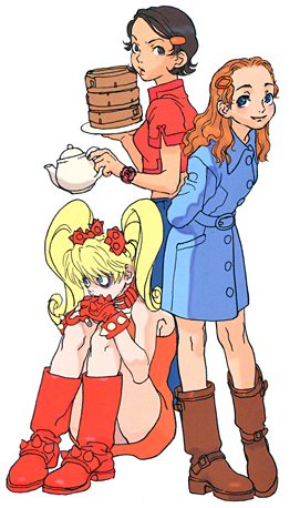 3girls arms_behind_back blonde_hair blue_eyes brown_hair capcom chinese_clothes effie hair_ornament hairclip houmei_(street_fighter) knees_on_chest long_hair lowres multiple_girls official_art orange_hair patricia_(street_fighter) raincoat short_hair street_fighter street_fighter_iii street_fighter_iii:_3rd_strike street_fighter_iii_(series) teapot twintails