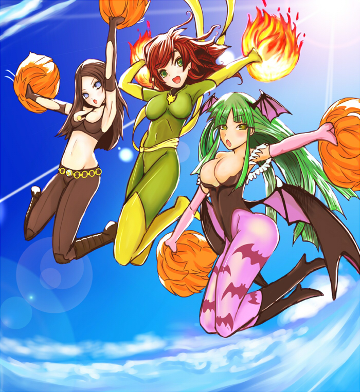 3girls arcana_heart arcana_heart_3 bad_id bat_print capcom crossover examu jean_grey laura_kinney marvel marvel_vs._capcom marvel_vs._capcom_3 morrigan_aensland multiple_girls orituki1202 pantyhose parody patterned_legwear phoenix_(x-men) pom_poms vampire_(game) x-23 x-men