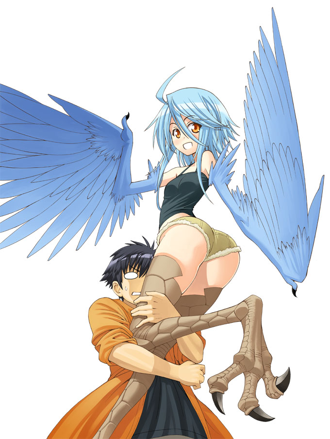 1boy 1girl ahoge ass bare_shoulders blank_eyes blue_hair blue_wings breasts claws feathered_wings harpy inui_takemaru kurusu_kimihito looking_at_viewer monster_girl monster_musume_no_iru_nichijou official_art okayado papi_(monster_musume) short_hair short_shorts shorts simple_background small_breasts smile talons white_background wings yellow_eyes