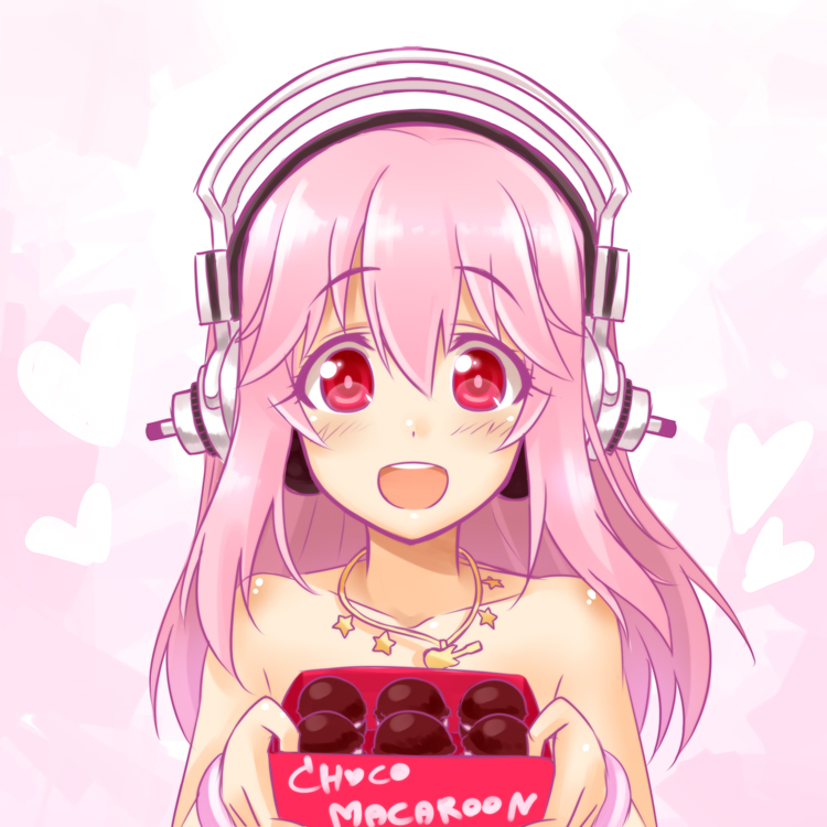 1girl :d bare_shoulders blush bracelet chocolate collarbone headphones heart jewelry long_hair looking_at_viewer macaron necklace nitroplus okitakung open_mouth pink_background pink_hair red_eyes smile solo super_sonico topless upper_body valentine