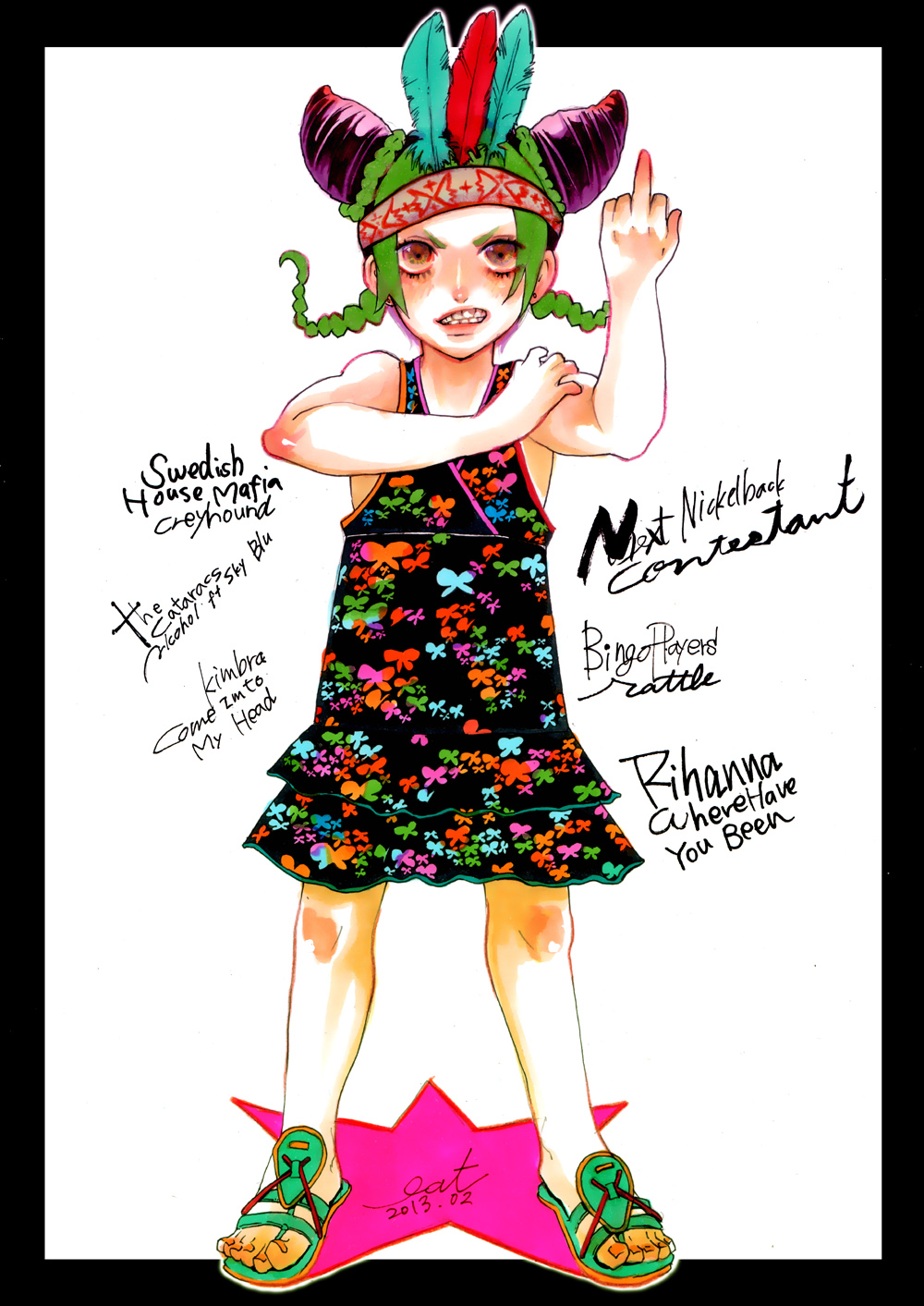 1girl black_hair braid brown_eyes double_bun dress eat666 feathers green_hair headband highres jojo_no_kimyou_na_bouken kuujou_jolyne middle_finger purple_hair sandals solo twin_braids younger