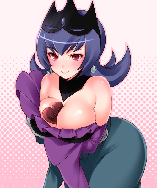 10s 1girl akira_(natsumemo) alternate_costume bare_shoulders between_breasts blue_hair blush breasts chocolate chocolate_heart chocolate_on_breasts cleavage earrings elbow_gloves flipped_hair gloves gym_leader halftone halftone_background heart jewelry jujube_(pokemon) leaning_forward natsume_(pokemon) nintendo personification pokemon pokemon_(game) pokemon_bw2 pokewood purple_hair red_eyes smile solo valentine