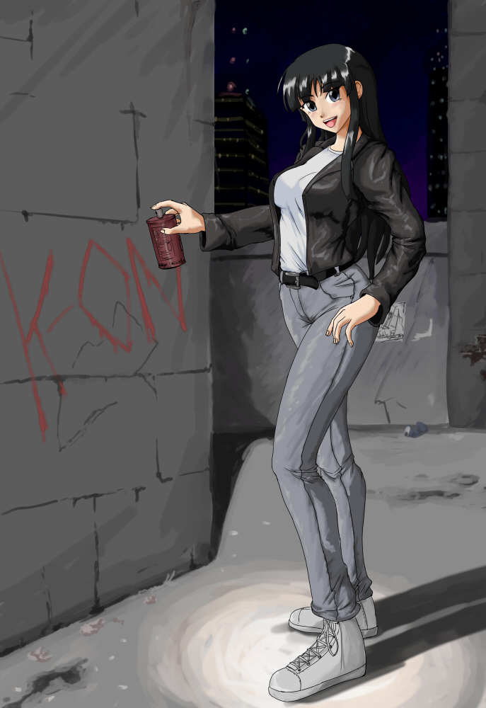 1girl :d akiyama_mio alternate_costume alternate_hairstyle belt black_eyes black_hair blush brian_dinnigan building copyright_name denim ears female fingernails full_body graffiti hands head_tilt hime_cut jacket jeans k-on! legs long_hair long_image long_sleeves looking_at_viewer night night_sky open_clothes open_jacket open_mouth pants rock shadow shiny shiny_clothes shiny_hair shirt shoes sky smile sneakers solo spray_can spray_paint standing tall_image very_long_hair wall white_shirt