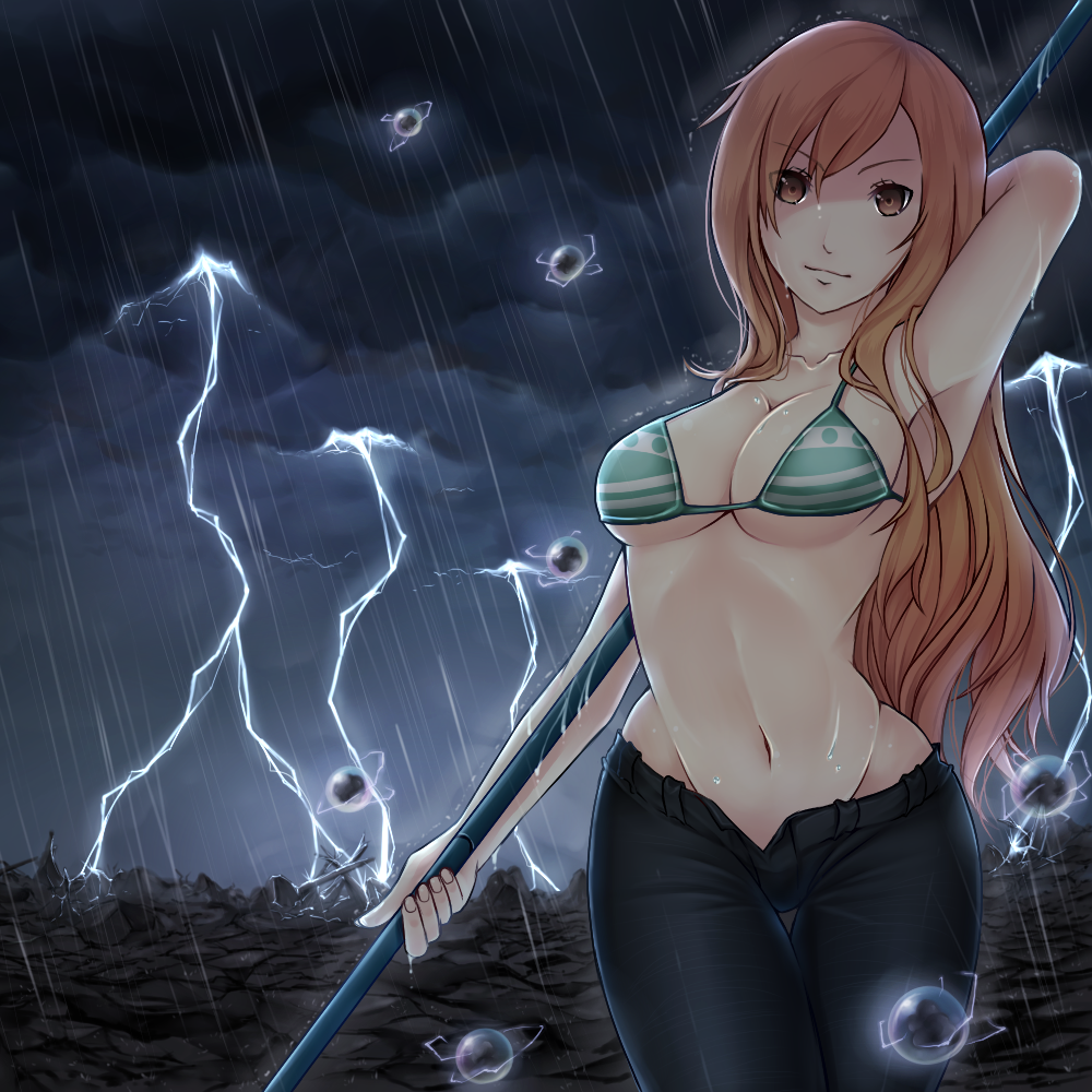 1girl bikini_top breasts brown_eyes bubble cleavage clima-tact dark_clouds denim electricity jeans lightning long_hair midriff nami_(one_piece) navel ocean one_piece orange_eyes orange_hair panties pants pirate polearm rain sabaody_archipelago solo storm underwear unzipped water waves weapon wet