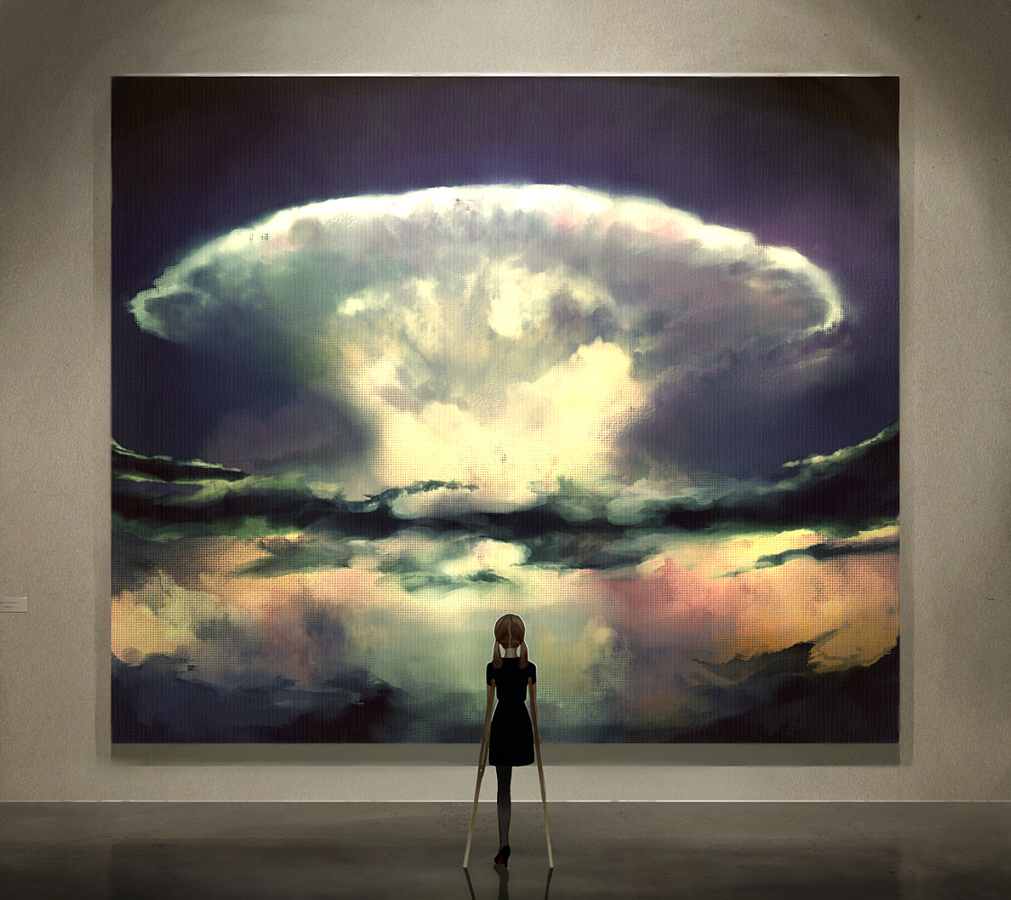 1girl amputee crutch dress explosion from_behind megatruh mushroom_cloud original painting_(object) solo standing standing_on_one_leg twintails