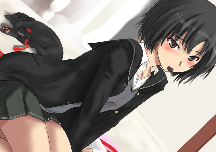 1girl amagami black_eyes black_hair blazer blush bob_cut cat chocolate dutch_angle mouth_hold murasaki_iro nanasaki_ai pleated_skirt ribbon school_uniform short_hair sitting skirt smile solo sweater sweater_vest wariza