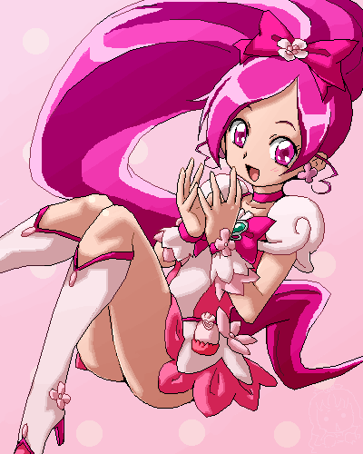 1girl boots cure_blossom hanasaki_tsubomi heartcatch_precure! isu knee_boots long_hair looking_at_viewer lowres oekaki open_mouth pink pink_eyes pink_hair ponytail precure solo when_you_see_it