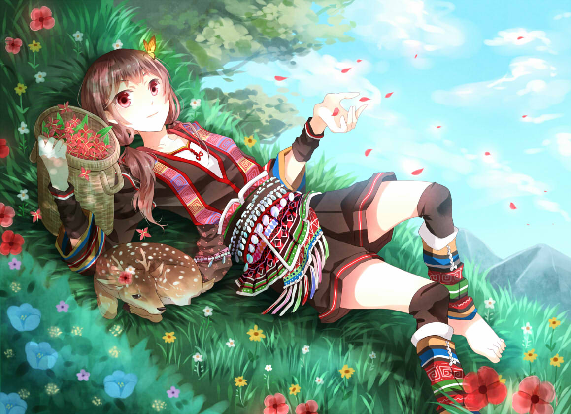 1girl animal ankle_wraps anklet barefoot basket brown_hair butterfly deer dress feet flower food fruit gloves grass jewelry leg_warmers long_hair low_twintails lying nature nekozuki_yuki on_back original petals red_eyes sash shorts smile solo traditional_clothes twintails wrist_wraps