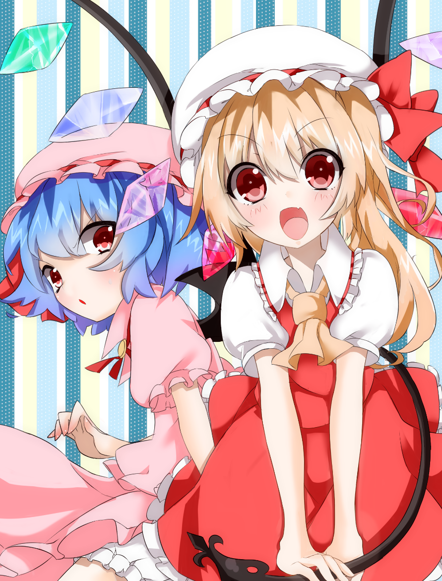 2girls ascot bad_id bat_wings blonde_hair bloomers blue_hair brooch colored dyumo_(moffri) fang female flandre_scarlet hat hat_ribbon jewelry laevatein looking_at_viewer moffri multiple_girls open_mouth puffy_sleeves red_eyes remilia_scarlet ribbon shirt short_sleeves siblings side_ponytail sisters skirt skirt_set slit_pupils smile striped striped_background touhou tsukigami_chiruyo_(zeroko) underwear v_arms vest wings zeroko-san_(nuclear_f)