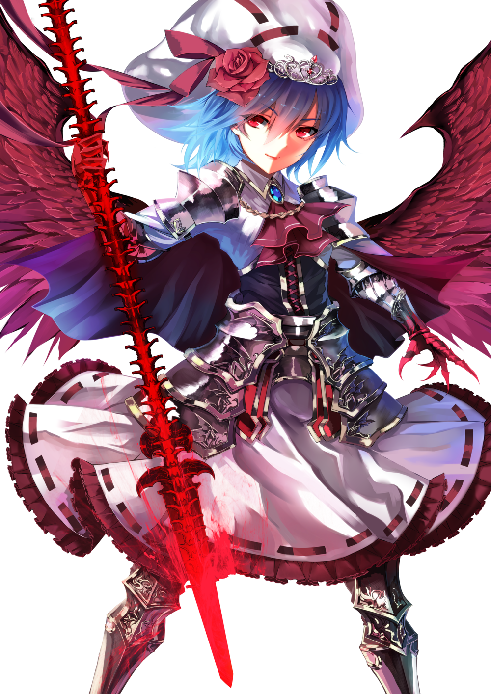 1girl adapted_costume armor armored_dress ascot bat_wings blue_hair blush curiosities_of_lotus_asia dress faulds female gauntlets greaves hat hat_ribbon highres karlwolf lavender_hair ornate_clothing pauldrons red_eyes remilia_scarlet ribbon short_hair simple_background skirt skirt_set smile solo spear_the_gungnir touhou weapon white_background wings