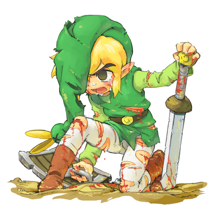 blonde_hair blood boots brown_eyes cuts ezlo hat injury kneeling link male minish_cap nintendo open_mouth pantyhose pointy_ears shield sword tears the_legend_of_zelda toon_link torn_clothes tunic usikani weapon