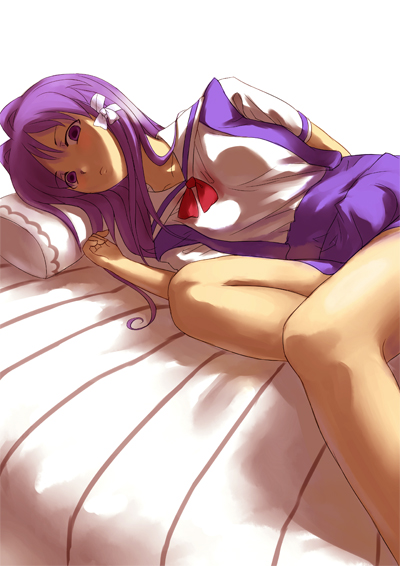 clannad fujibayashi_kyou long_hair lying purple_eyes purple_hair school_uniform usakes violet_eyes