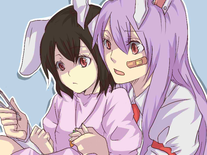 animal_ears bandaid bunny_ears fingernails gatakao inaba_tewi multiple_girls nail_clippers nails reisen_udongein_inaba touhou