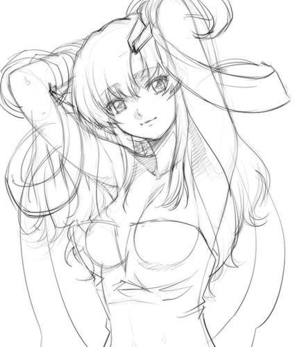 armpits arms_behind_head arms_up bangs bare_shoulders breasts bust cleavage dress gundam gundam_seed hair_ornament hairclip hairu head_tilt lacus_clyne long_hair looking_at_viewer lowres monochrome no_bra no_nipples parted_bangs ribbon see-through sketch smile solo