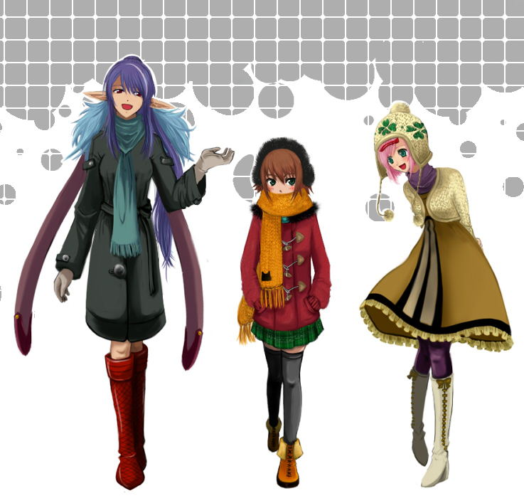 3girls blue_hair brown_hair contemporary earmuffs estellise_sidos_heurassein gloves judith kiyou kiyou_sumomo long_hair multiple_girls pink_hair pointy_ears rita_mordio scarf tales_of_(series) tales_of_vesperia thighhighs winter winter_clothes