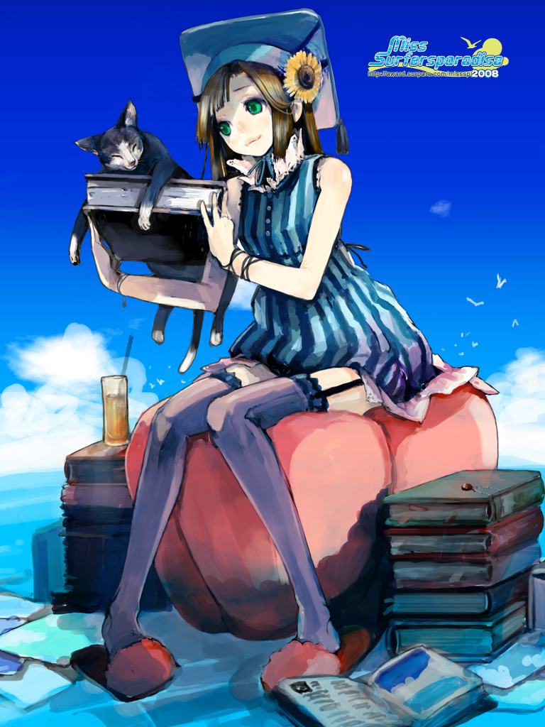 cat drink garter_belt green_eyes hat kiryu_tsukasa kiryuu_tsukasa_(citrocube) miss_surfersparadise original sky slippers thigh-highs thighhighs