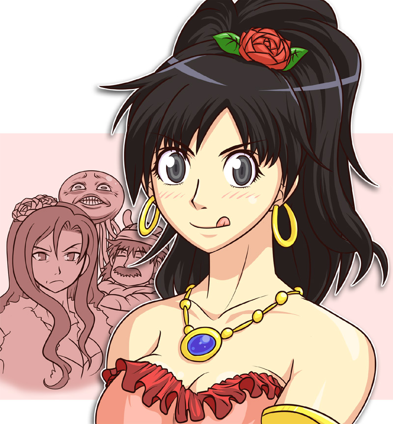 bare_shoulders black_eyes black_hair deborah deborah's_daughter deborah's_daughter dragon_quest dragon_quest_v earrings flower hair_flower hair_ornament hero_(dq5) hoimi_slime jewelry necklace rose tonda