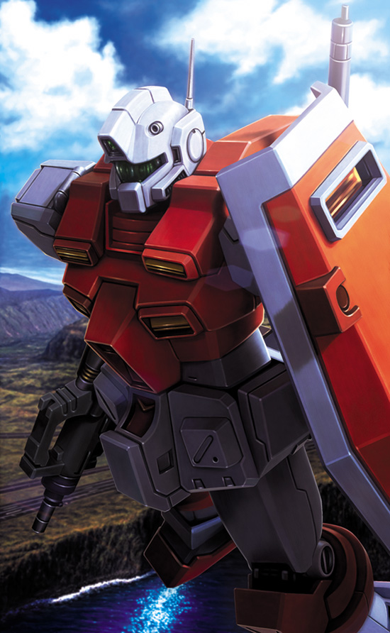 cloud clouds gm_(mobile_suit) gm_powered gun gundam gundam_0083 machine_gun mecha powered_gm river shield sky solo twinbell weapon