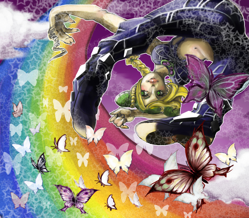 butterfly jojo's_bizarre_adventure jojo_no_kimyou_na_bouken kujo_jolyne kuujou_jolyne midriff rainbow rainbow_path saitoo_(ruden)