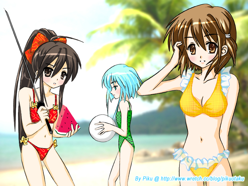 ahoge aqua_eyes aqua_hair ball beach beachball bikini black_eyes black_hair blush breasts brown_eyes brown_hair cleavage flat_chest food fruit hecate long_hair midriff multiple_girls piku ponytail shakugan_no_shana shana short_hair swimsuit sword watermark watermelon weapon web_address yoshida_kazumi