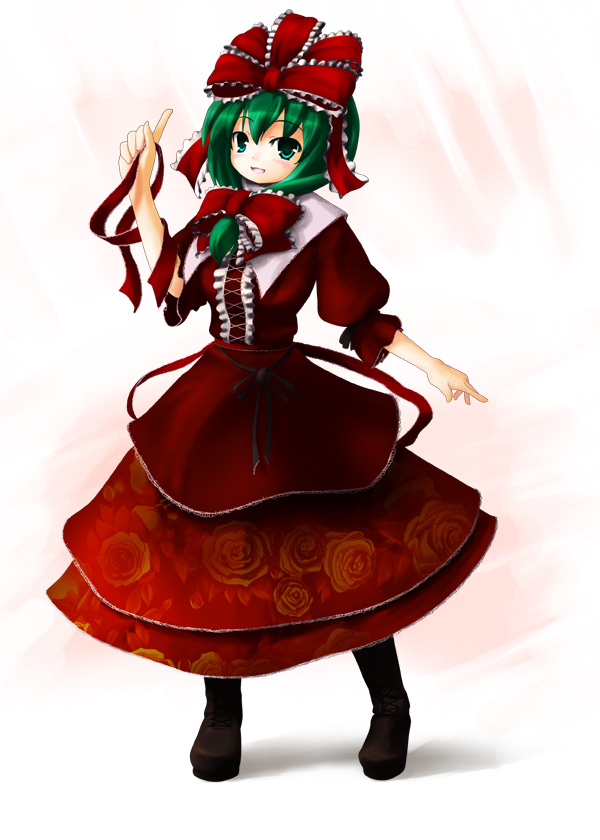 bow chipika dress front_ponytail green_eyes green_hair hair_bow hair_ribbon kagiyama_hina looking_at_viewer pointing red_dress ribbon standing touhou