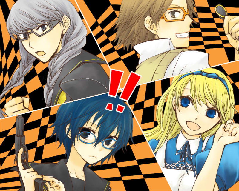 alice_(wonderland) alice_(wonderland)_(cosplay) all-out_attack androgynous bad_id blue_hair cosplay crossdressing crossdressinging glasses grey_hair gun hanamura_yousuke kuma_(persona_4) narukami_yuu omugi persona persona_4 reverse_trap school_uniform seta_souji shirogane_naoto short_hair trap weapon