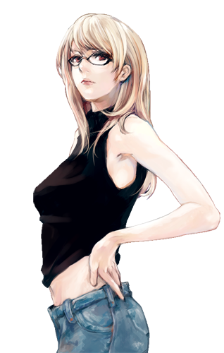 blonde_hair glasses hand_on_hip jeans lips long_hair lowres midriff opiu original red_eyes sleeveless solo sweater