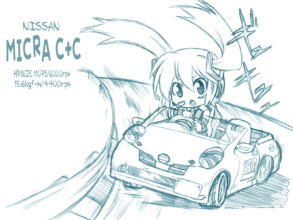 car chibi driving hatsune_miku marusuke monochrome motor_vehicle sketch traditional_media twintails vehicle vocaloid