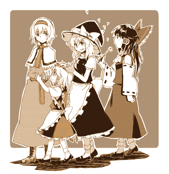 alice_margatroid apron ascot bobby_socks boots bow braid brown capelet cross-laced_footwear dandelion dandelion_seed detached_sleeves dress flower flower_wreath hair_bow hair_tubes hairband hakurei_reimu halftone hat hat_bow izayoi_sakuya kirisame_marisa lace-up_boots mary_janes monochrome multiple_girls screentones sepia shoes side_braid skirt skirt_set socks takishima_asaka touhou witch_hat young