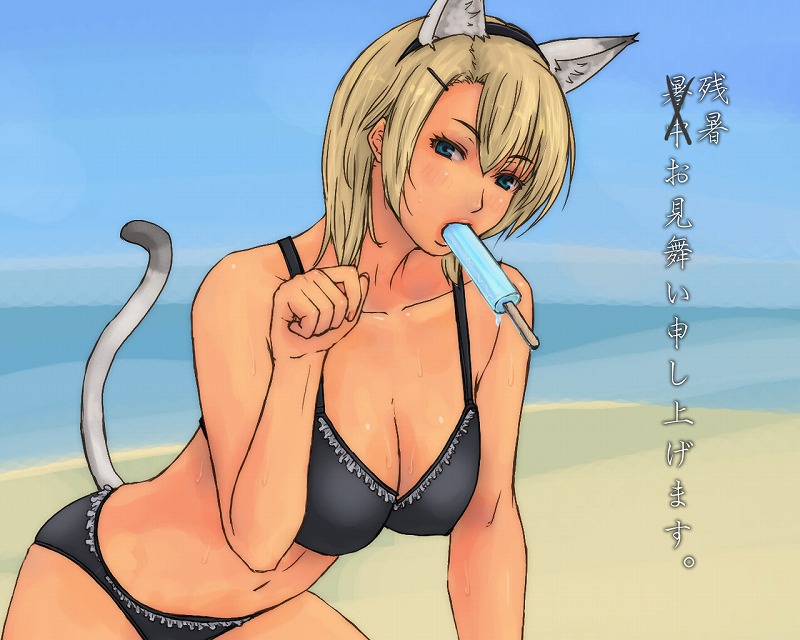 animal_ears beach bikini blonde_hair blue_eyes breasts cat_ears cat_pose cat_tail cleavage hair_ornament hairpin midriff navel ocean paw_pose popsicle short_hair sky swimsuit tail translated