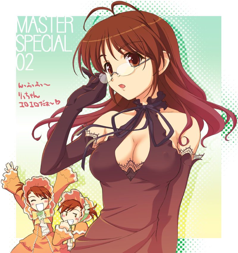 akino_takehiko akino_takehito akizuki_ritsuko antenna_hair bare_shoulders breasts brown_eyes brown_hair cleavage dress elbow_gloves erect_nipples futami_ami futami_mami glasses gloves hair_down idolmaster long_hair multiple_girls open_mouth siblings twins