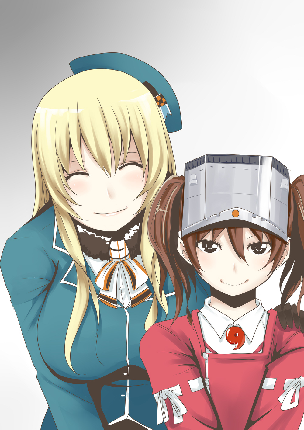 2girls atago_(kantai_collection) breasts closed_eyes commentary hand_on_another's_shoulder highres kantai_collection large_breasts magatama military military_uniform multiple_girls ryuujou_(kantai_collection) satsumaimo_pai smile uniform