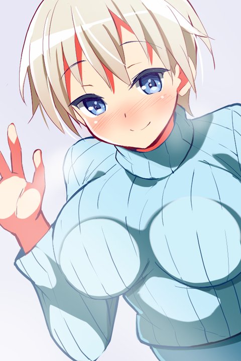 1girl 9law against_fourth_wall against_glass blonde_hair blue_eyes blush brave_witches breast_press breasts large_breasts looking_at_viewer nikka_edvardine_katajainen purple_background short_hair simple_background solo sweater turtleneck world_witches_series