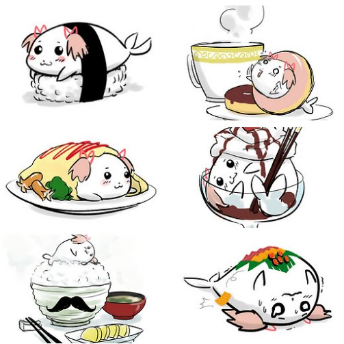 animalization bowl chopsticks cup doughnut egg facial_hair food gomadoka hair_ribbon ice_cream kaname_madoka mahou_shoujo_madoka_magica miso mukiki mustache no_humans octopus_sausage pink_hair pocky ribbon rice seal seaweed short_twintails sushi takuan tamutamu-t teacup twintails