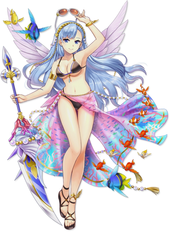 1girl armlet artist_request bare_shoulders bikini blue_eyes blue_hair bracelet breasts cleavage fish full_body hair_ornament holding jewelry long_hair looking_at_viewer sandals sarong shironeko_project simple_background smile solo standing sunglasses swimsuit weapon white_background