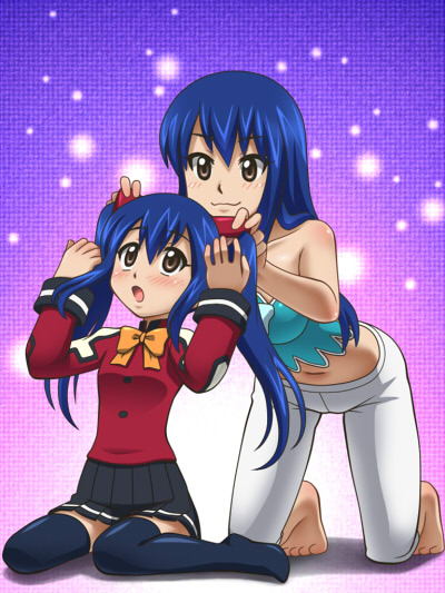 2girls :3 :o awa bare_shoulders barefoot blue_hair blush bow brown_eyes child crop_top dual_persona fairy_tail feet hairdressing kneeling long_hair long_sleeves lowres midriff multiple_girls navel no_shoes older sitting skirt thigh-highs thigh_gap twintails wariza wendy_marvell zettai_ryouiki