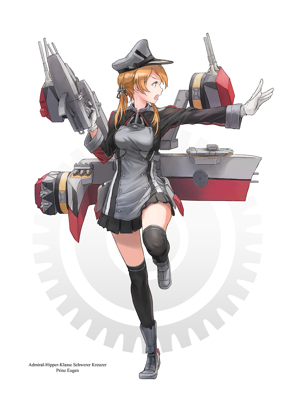 1girl anchor_hair_ornament artist_request full_body gloves hair_ornament hat highres iron_cross jacket kantai_collection long_sleeves low_twintails microskirt military military_hat military_uniform open_mouth peaked_cap pleated_skirt prinz_eugen_(kantai_collection) rudder_shoes skirt solo turrets twintails uniform weapon white_gloves