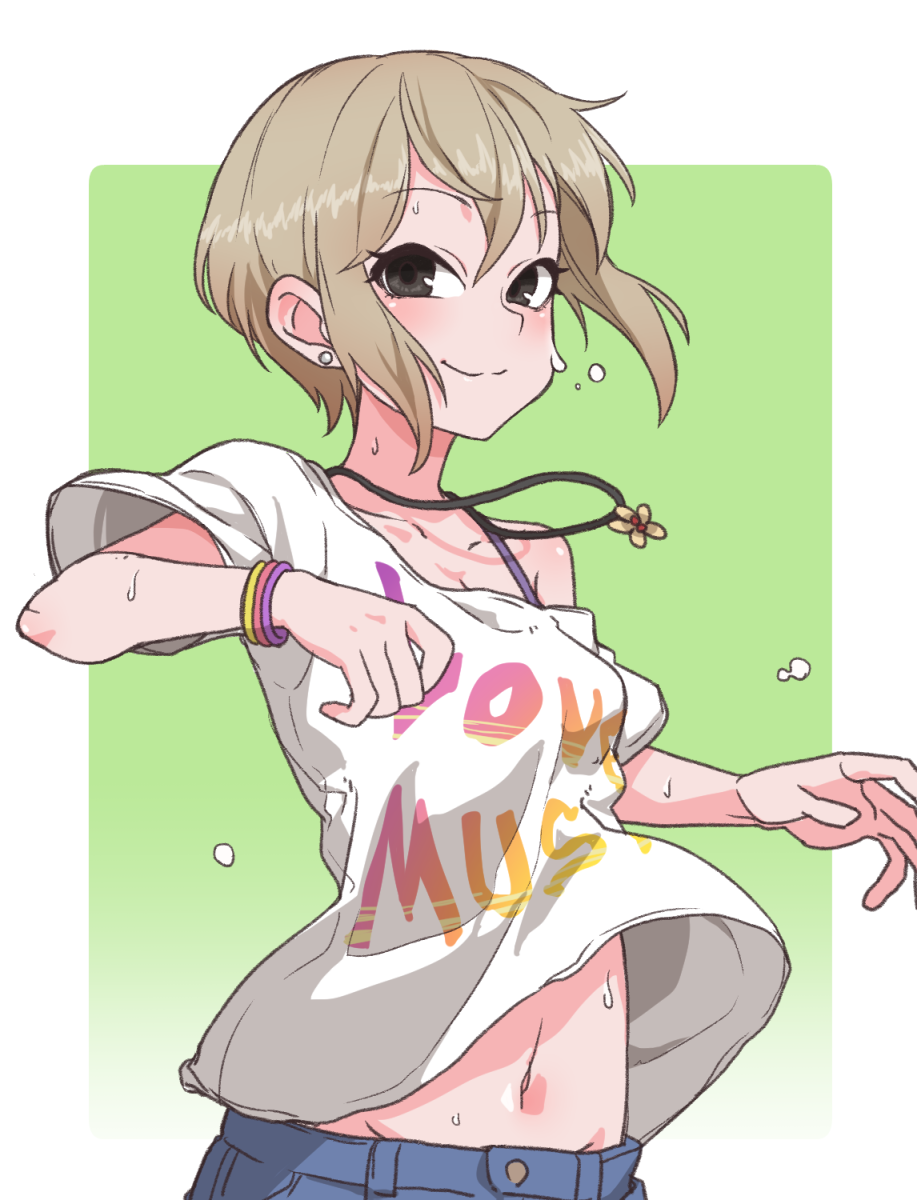 1girl bare_arms black_eyes dripping earrings flower flower_necklace gazacy_(dai) green_background highres idolmaster idolmaster_cinderella_girls jewelry light_brown_hair looking_at_viewer navel necklace off_shoulder shiomi_shuuko shirt short_hair smile solo stud_earrings sweat sweating t-shirt upper_body