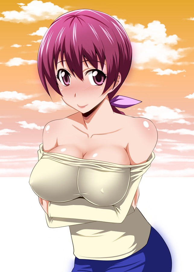 1girl breast_hold breasts cleavage clouds crossed_arms erect_nipples hoshizora_ikuyo large_breasts precure purple_hair sky smile_precure! solo violet_eyes zerosu_(take_out)