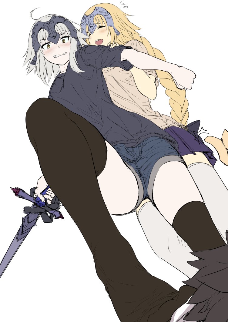 :d ahoge black_legwear black_shirt blonde_hair blush braid clenched_hand clenched_teeth closed_eyes denim denim_shorts embarrassed feet foot_on_head from_below fujimaru_ritsuka_(male) hand_on_another's_shoulder headpiece hika_(hikara) holding holding_sword holding_weapon jeanne_alter long_hair no_shoes open_mouth out_of_frame pleated_skirt purple_skirt ruler_(fate/apocrypha) shirt short_sleeves shorts simple_background single_braid skirt smile sweatdrop sword t-shirt teeth thigh-highs thumbs_up very_long_hair weapon white_background white_hair white_legwear white_shirt yellow_eyes zettai_ryouiki